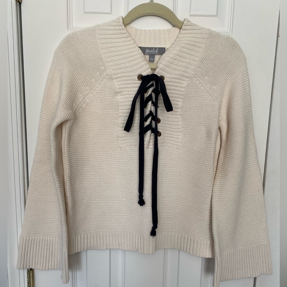 Marled Reunited Clothing Cream Women's Sweater, Lace Up, Bell Sleeves,‎ Size S